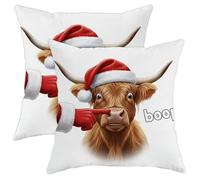 Lot de 2 housses de coussin décoratives avec fermeture éclair dissimulée - Motif vache des Highlands - Bonnet de Père Noël fantaisie - Gants rouges - 45,7 x 45,7 cm