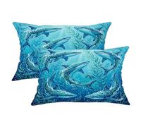 Lot de 2 housses de coussin décoratives avec fermeture éclair dissimulée pour maison, chambre à coucher, salon, canapé, motif requin, tortue tropicale, algue, bleu d'été, 50,8 x 30,5 cm