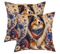 Lot de 2 housses de coussin décoratives avec fermeture éclair dissimulée pour maison, chambre à coucher, salon, canapé, canapé, motif chiens et fleurs du 4 juillet - Bleu - 30,5 x 30,5 cm