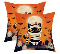 Lot de 2 housses de coussin décoratives avec fermeture éclair dissimulée pour maison, chambre à coucher, salon, canapé, motif chat et chauve-souris lune, Halloween (40,6 x 40,6 cm, orange)