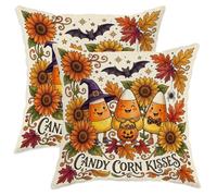 Lot de 2 housses de coussin décoratives avec fermeture éclair dissimulée pour salon, appartement, lit, sofa, décoration d'Halloween avec motif de chauve-souris de tournesol, jaune (45,7 x 45,7 cm)