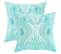 Lot de 2 housses de coussin décoratives avec fermeture éclair dissimulée pour salon, lit, bureau, canapé, chaise, motif hippocampes, algues marines côtières, 35,6 x 35,6 cm, turquoise