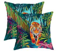 Lot de 2 housses de coussin décoratives avec imprimé jungle - Tigre tropical coloré - Housses de coussin vives pour la maison, le salon, le canapé, le canapé - 50,8 x 50,8 cm
