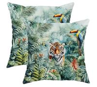 Lot de 2 housses de coussin décoratives avec imprimé tigre vert et toucan - Décoration d'intérieur et d'extérieur de style exotique - 45,7 x 45,7 cm