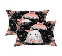 Lot de 2 housses de coussin décoratives avec motif fantôme d'Halloween et parapluie, noir et pêche, 50,8 x 30,5 cm