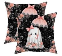 Lot de 2 housses de coussin décoratives avec motif fantôme d'Halloween et parapluie, noir et pêche, 55,9 x 55,9 cm