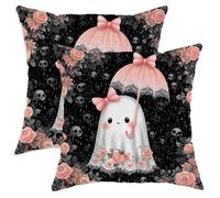 Lot de 2 housses de coussin décoratives avec motif fantôme mignon d'Halloween avec parapluie pour maison, canapé, lit, 30,5 x 30,5 cm, noir et pêche