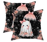 Lot de 2 housses de coussin décoratives avec motif fantôme mignon d'Halloween avec parapluie pour maison, canapé, lit, 45,7 x 45,7 cm, noir et pêche