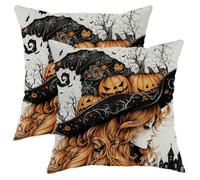 Lot de 2 housses de coussin décoratives carrées d'Halloween avec motif citrouille sorcière noire et orange pour décoration d'intérieur pour canapé, lit, 45,7 x 45,7 cm