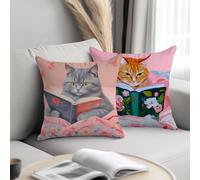 Lot de 2 housses de coussin décoratives carrées en forme de chat mignon pour canapé, salon, chambre à coucher, cadeau pour amoureux des chats pour femme amateur de livres, décoration d'intérieur 2