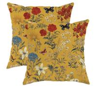 Lot de 2 housses de coussin décoratives carrées lavables en velours doux pour salon, lit, bureau, canapé, chaise, motif papillon, rose vintage, jaune printemps, 40,6 x 40,6 cm