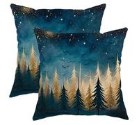 Lot de 2 housses de coussin décoratives carrées lavables en velours doux pour salon, lit, bureau, canapé, chaise, motif sapins, étoiles, lune, automne, bleu, 45,7 x 45,7 cm