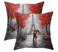 Lot de 2 housses de coussin décoratives carrées romantiques à Paris avec motif de parapluie rouge et scène d'amour pour décoration d'intérieur, salon, lit, canapé, 45,7 x 45,7 cm