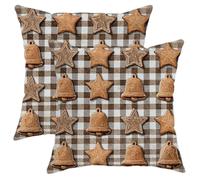 Lot de 2 housses de coussin décoratives carrées rustiques avec motif étoile et cloche en pain d'épices marron pour canapé, sofa, lit, 45,7 x 45,7 cm