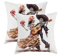 Lot de 2 housses de coussin décoratives « Day of the Dead » - Motif floral et squelette - Décoration festive d'Halloween pour maison, canapé, lit, canapé - 40,6 x 40,6 cm