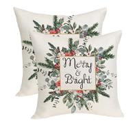 Lot de 2 Housses de Coussin décoratives de Noël (50 x 50 cm) avec Guirlande de gui et de Feuilles d'eucalyptus Vertes. Idéales pour l'hiver, Ces Housses de Coussin décoratives en Lin Style Ferme co