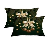 Lot de 2 housses de coussin décoratives de Noël en velours doux lavable avec branches de pin et nœud doré - Décoration de Noël pour salon, chambre à coucher, loft, bureau, voiture - Vert - 50,8 x 30,5