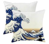 Lot de 2 housses de coussin décoratives de style Hokusai bleu - Motif vagues de l'océan - Décoration d'intérieur artistique pour canapé, chambre à coucher, salon - 30,5 x 30,5 cm