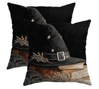 Lot de 2 housses de coussin décoratives d'Halloween avec chapeau de sorcière noire et étoile - Housses de coussin confortables pour décoration d'automne et rustique pour maison, canapé, lit, canapé