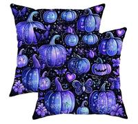 Lot de 2 housses de coussin décoratives d'Halloween avec citrouille et papillon violettes, décoration d'intérieur festive pour canapé, sofa, lit, 66 x 66 cm