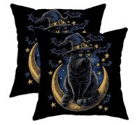 Lot de 2 housses de coussin décoratives d'Halloween avec motif chat sorcière noir et lune pour décoration d'intérieur effrayante, parfaites pour canapé, lit, 40,6 x 40,6 cm