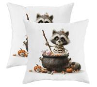 Lot de 2 housses de coussin décoratives d'Halloween avec motif squelette de raton laveur et citrouille, pour décoration d'intérieur, style amusant et fantaisiste pour canapé, 35,6 x 35,6 cm