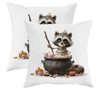 Lot de 2 housses de coussin décoratives d'Halloween avec motif squelette de raton laveur et citrouille, pour décoration d'intérieur, style amusant et fantaisiste pour canapé, 55,9 x 55,9 cm