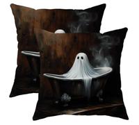 Lot de 2 housses de coussin décoratives d'Halloween, fantôme dans la baignoire, décoration d'intérieur vintage pour canapé, sofa, lit, 50,8 x 50,8 cm