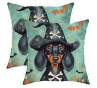 Lot de 2 housses de coussin décoratives d'Halloween motif chien noir avec chapeau de pirate pour décoration festive d'intérieur, canapé, canapé, 45,7 x 45,7 cm