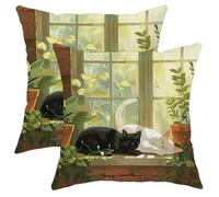 Lot de 2 housses de coussin décoratives d'intérieur de style rustique avec motif de chat et plante verte pour maison, canapé, lit, canapé, 45,7 x 45,7 cm