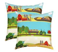 Lot de 2 housses de coussin décoratives douces motif tracteur botanique pommier 55,9 x 55,9 cm, motif dessin animé, équipement agricole, camions, moissonneuse-batteuse, vert