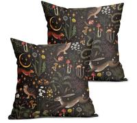 Lot de 2 housses de coussin décoratives en coton et lin pour canapé, motif animaux de la forêt, fleurs de fougère, plantes et lune, 40,6 x 40,6 cm, noir