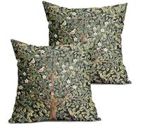 Lot de 2 housses de coussin décoratives en coton et lin pour canapé, motif arbre vert, 45,7 x 45,7 cm, motif aquarelle de la forêt, oiseaux et feuilles florales