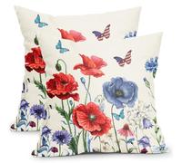 Lot de 2 housses de coussin décoratives en coton et lin pour extérieur, motif floral rouge et bleu, 4 juillet, 45,7 x 45,7 cm, motif floral patriotique pour extérieur, canapé, décoration d'intérieur
