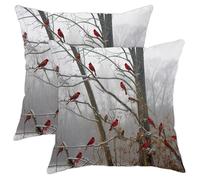 Lot de 2 housses de coussin décoratives en velours blanc avec oiseaux rouges, scènes d'hiver, forêt, joyeuses vacances, arbre de campagne, nature, pour canapé, salon, chambre à coucher, dortoir - 45,7