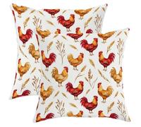 Lot de 2 housses de coussin décoratives en velours doux et lavable avec motif de coq et plumes de blé rustique pour salon, lit, bureau, canapé, chaise, décoration 40,6 x 40,6 cm, rouge