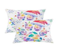 Lot de 2 housses de coussin décoratives en velours doux et lavable avec motif empreintes de pattes - Lumières de Noël festives et fantaisistes - Chapeau de Père Noël - Multicolore - 50,8 x 30,5 cm