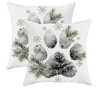 Lot de 2 housses de coussin décoratives en velours doux et lavables avec motif de pattes de pin rustiques, flocons de neige, pour salon, appartement, lit, canapé, 71 x 71 cm, vert