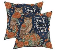 Lot de 2 housses de coussin décoratives en velours doux lavable à motif hibou rustique et fleur de citrouille d'automne pour salon, chambre à coucher, loft, bureau, voiture - 35,6 x 35,6 cm - Bleu