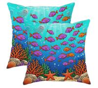 Lot de 2 housses de coussin décoratives en velours doux lavable à motif poisson coloré pour maison, salon, chambre à coucher, dortoir, canapé - 40,6 x 40,6 cm - Bleu été