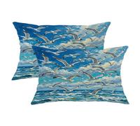 Lot de 2 housses de coussin décoratives imperméables toutes saisons, motif mouettes, nuages naturels côtiers, vagues de l'océan, bleu d'été, 50,8 x 30,5 cm