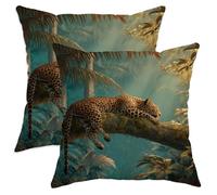 Lot de 2 housses de coussin décoratives lavables en velours doux pour maison, salon, chambre à coucher, dortoir, canapé, motif léopard, feuilles de palmier, branches d'arbre, vert d'été, 30,5 x 30,5