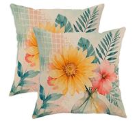 Lot de 2 housses de coussin décoratives lavables en velours doux pour salon, chambre à coucher, loft, bureau, voiture, motif tournesol, feuilles printanières, jaune (35,6 x 35,6 cm)