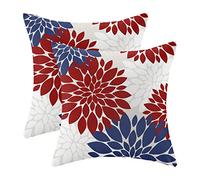Lot de 2 housses de coussin décoratives, patriotiques et modernes pour canapé ou lit, convient en extérieur, motif de dahlias, style « Jour de l’Indépendance », 40,6 x 40,6 cm, bleu marine/blanc/rouge
