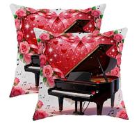 Lot de 2 housses de coussin décoratives romantiques en velours doux lavable pour salon, appartement, lit, canapé, décoration romantique avec motif de piano et cœur rose, rouge, 61 x 61 cm