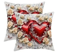 Lot de 2 housses de coussin décoratives romantiques et élégantes avec fermeture éclair dissimulée, motif cœur rose papillon pour salon, appartement, lit, canapé, décoration 40,6 x 40,6 cm, rouge