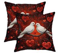 Lot de 2 housses de coussin décoratives romantiques pour la Saint-Valentin, décoration d'intérieur, canapé avec motif colombes blanches et cœurs rouges, 40,6 x 40,6 cm