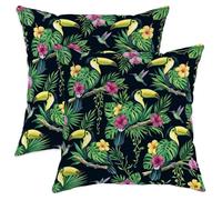 Lot de 2 housses de coussin décoratives toucan avec fermeture éclair dissimulée et motif feuilles de palmier d'hibiscus tropical pour salon, appartement, lit, canapé, décoration (50,8 x 50,8 cm, vert)