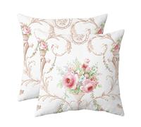 Lot de 2 housses de coussin décoratives vintage à motif floral rose - Style rustique - Style shabby chic - Pour extérieur, chambre à coucher, salon, canapé - 45,7 x 45,7 cm - Blanc