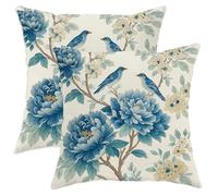 Lot de 2 housses de coussin décoratives vintage avec fermeture éclair dissimulée pour salon, appartement, lit, canapé - Motif pivoine et branches d'oiseaux - Bleu printemps - 30,5 x 30,5 cm